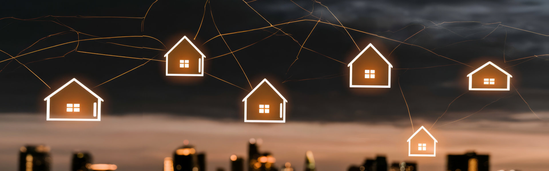 Explore a captivating visual of glowing digital real estate icons hovering above a modern city skyline at dusk, representing technology and connectivity in urban living.