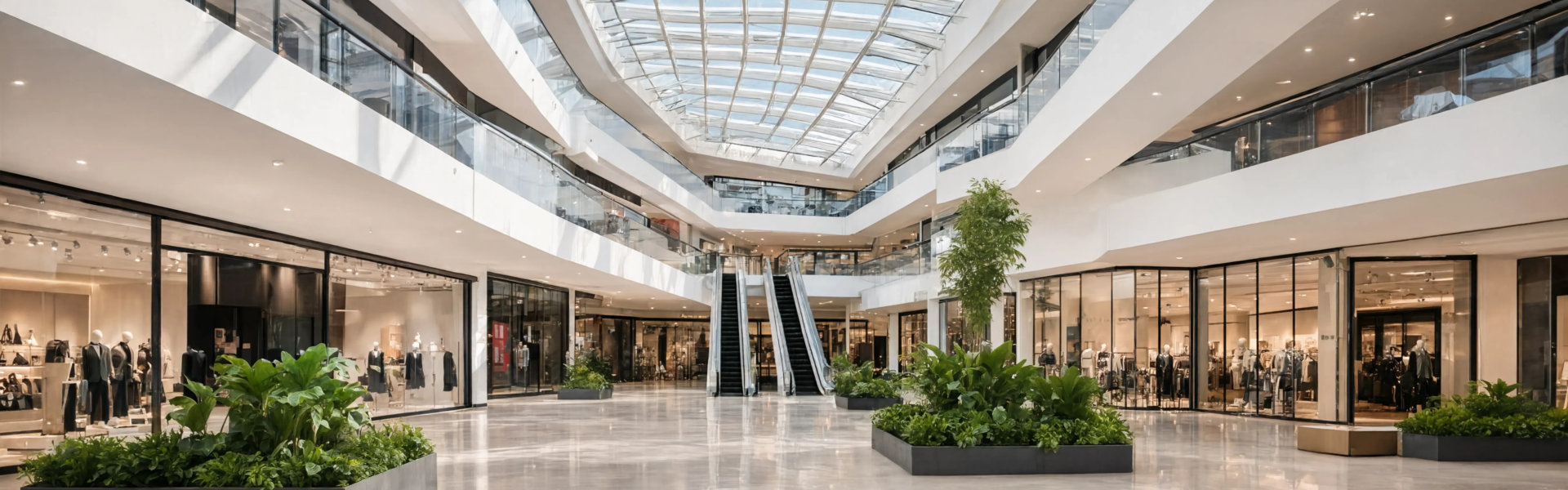 Modern shopping mall atrium with glass roof walkway and interior greenery landscape shopping interior greenery landscape architecture building skylight commercial business consumer