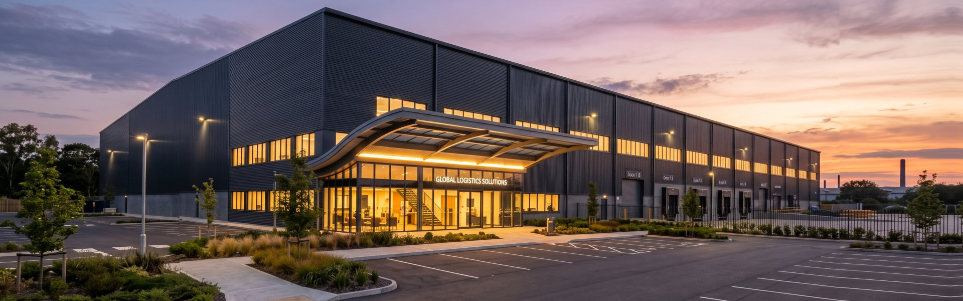 Modern commercial warehouse building at sunset with dramatic sky and paved parking lot warehouse commercial building industrial architecture facility exterior business logistics development