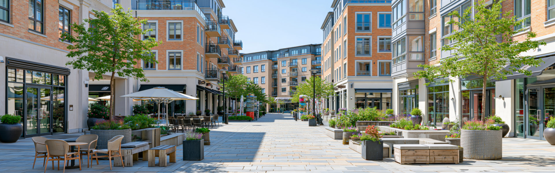 Modern pedestrian plaza in mixed-use residential and commercial district