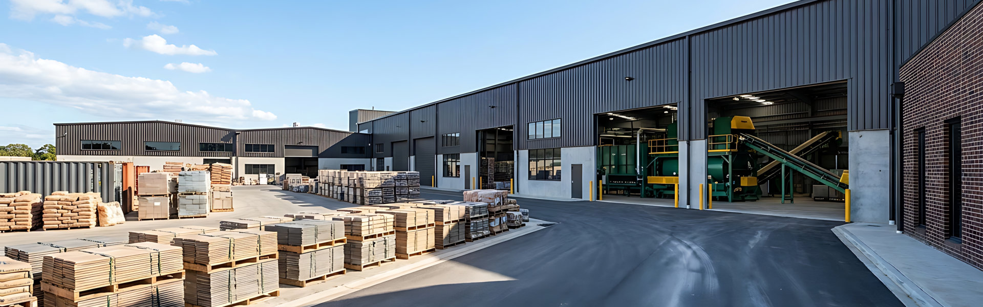 Modern industrial building exterior with paved yard, stacked construction materials, and blue sky, representing efficient manufacturing and distribution business