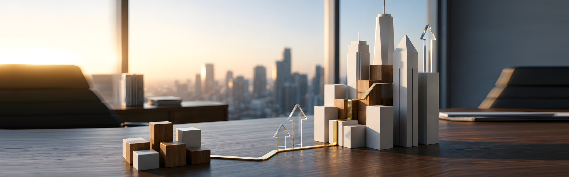 Urban property development and real estate market growth concept with architectural city models and rising transparent arrows