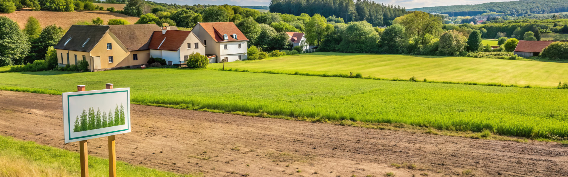 Rural landscape in France with vacant land for sale, marked by a sign displaying various plot sizes and prices for real estate development opportunities.